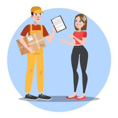 Fototapeta premium Fast delivery set. Courier in uniform with box