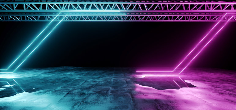 Modern Futuristic Sci Fi Empty Dark Grunge Concrete Wet Room With Stage Metal Construction On Black With Purple And Blue Abstract Neon Glowing Line Shaped Lights 3D Rendering