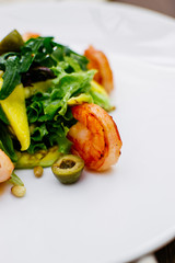 green and shrimp salad on a white plate in a rustic style on a wooden table with a steel fork and knife