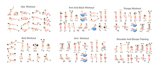 Big set of people doing exercises in the gym