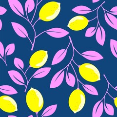 Tropical seamless pattern with yellow lemons and pink leaves