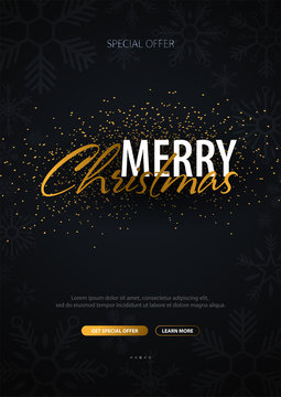 Merry Christmas typographical on dark background with snowflakes. Xmas card. Vector Illustration.