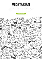 Go vegan. Healthy food. Vegetarian banner. Hand-draw doodle background. Vector illustration.