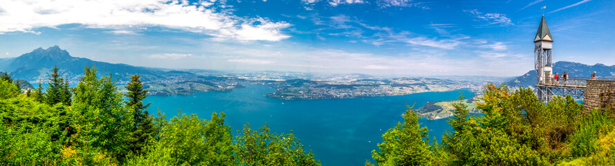 Hammetschwand elevator in Alps near Burgenstock with the view of Swiss Alps and Lake Lucerne,...