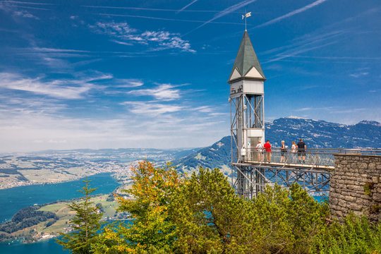 Fototapeta Hammetschwand elevator in Alps near Burgenstock with the view of Swiss Alps and Lucerne lake, Switzerland, Europe.