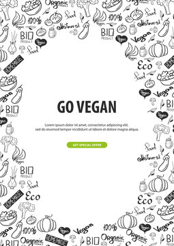 Go vegan. Healthy food. Vegetarian banner. Hand-draw doodle background. Vector illustration.