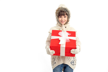 Little girl with big red box, isolated on white background. Christmas gift.