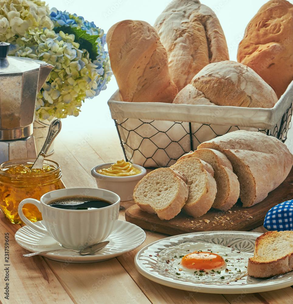 Wall mural breakfast with egg, bread toast and coffe