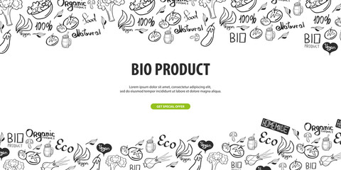 Bio Product. Healthy food. Vegetarian banner. Hand-draw doodle background. Vector illustration.
