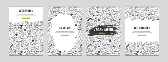 Set of Vegetarian banners. Hand-draw doodle background. Vector illustration.
