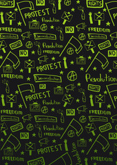 Demonstration, manifestation, protest, strike, revolution. Banner with hand-draw doodle elements on the background.