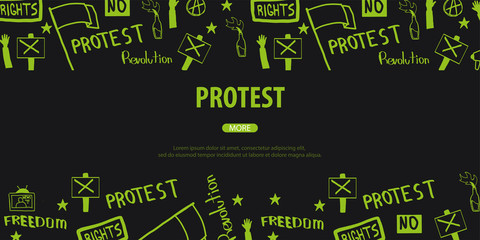 Demonstration, manifestation, protest, strike, revolution. Banner with hand-draw doodle elements on the background.