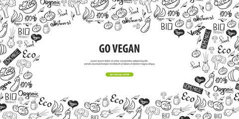 Go vegan. Healthy food. Vegetarian banner. Hand-draw doodle background. Vector illustration.