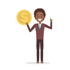 Businessman character holding a big golden coin