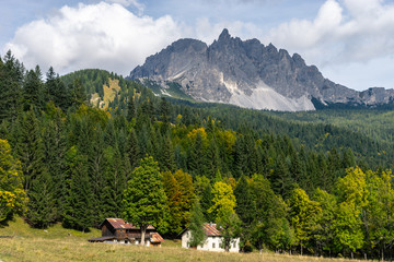 Fototapeta na wymiar House near a forest below a mountain in the Dolomites, Italy.