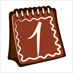 1. 2019. Brown Calendar. New Year. Brown Calendar in the form of Christmas Gingerbread. Icon. Sketch. Symbol. Sign. Stock Vector Illustration. Transparent. White Isolated. 