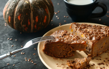 Food autumn background with close up pumpkin cake,pumpkin, cup of milk and fork