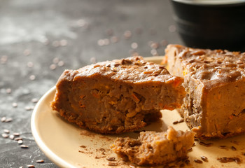 Food background with close up pumpkin cake on a yellow plate