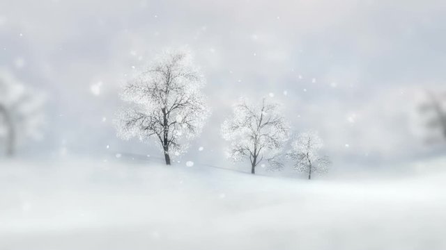 winter plains with deciduous trees at strong snowfall, winter nature 3D scene background footage zoom out with white end