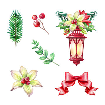 Christmas design elements, holiday floral ornaments, red lantern, bow, white lilly, poinsettia, botanical decor, watercolor illustration, isolated on white background