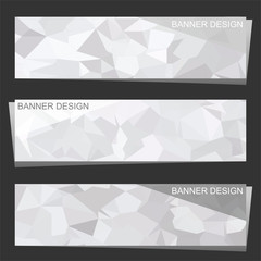 Set of three modern banners with polygonal background. Vector illustration composed of triangles of grey and white colors.