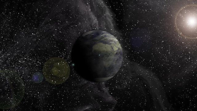 Animated dirty earth in the future, sun flare and stardust.