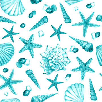 Watercolor seamless pattern with underwater life objects - seashells, starfish and stones.