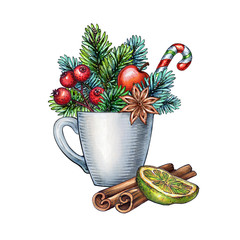 christmas watercolor illustration, white mug, wild forest bouquet, rustic design, spruce, conifer,...
