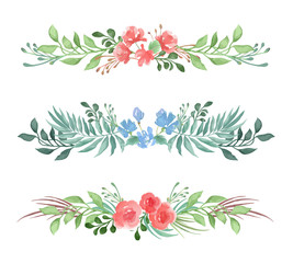 Vector set of decorative floral romantic borders for card or invitation in watercolor style on white background