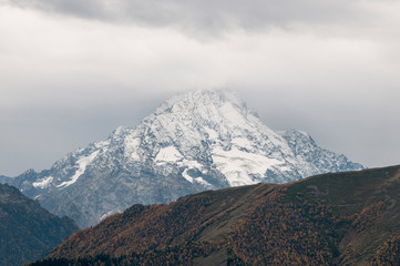 Dark mountain landscape. Caucasian mountains in cloudy weather.