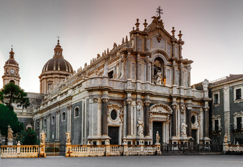 Fototapeta na wymiar Morning in Piazza del Duomo with Cathedral of Santa Agatha in Catania, Sicily, Italy.