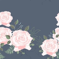 Seamless pattern with spring flowers and roses. Hand drawn background. Floral pattern for wallpaper or fabric. Vintage blue background.