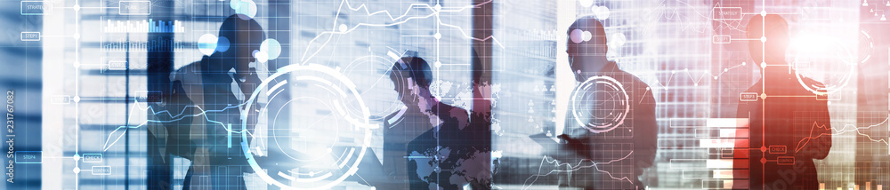 Canvas Prints business digital interface with graphs, charts, icons and timeline on blurred background. website he