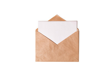 White card with kraft brown paper envelope template mock up. Top view, copy space for your text