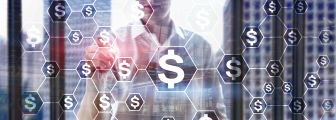 Dollars icons, money network structure. ICO, trading and investment. Crowdfunding.