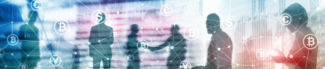 Double exposure Bitcoin and blockchain concept. Digital economy and currency trading. Website header banner.