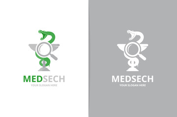 Vector medicine and loupe logo combination. Pharmacy and magnifying symbol or icon. Unique ambulance and search logotype design template.