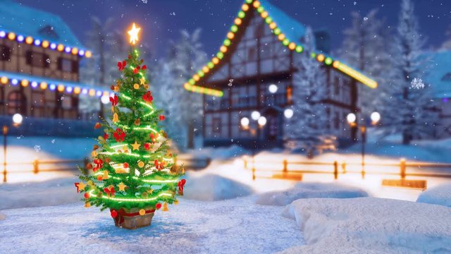 Outdoors Xmas tree decorated with christmas lights on square of cozy snowbound alpine township at snowy winter night. Festive 3D animation for Xmas or New Year holidays rendered in 4K