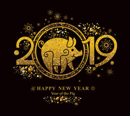 Golden symbol on black. Pig 2019 in the Chinese calendar. Beautiful New Year card with the symbol of the year Golden Pig.