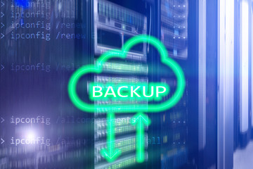 Backup button on modern server room background. Data loss prevention. System recovery.