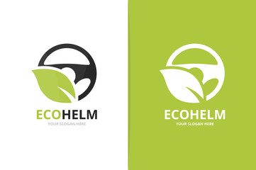 Vector car helm and leaf logo combination. Steering wheel and eco symbol or icon. Unique rudder and organic logotype design template.
