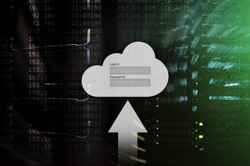 Cloud storage, data access, login and password request window on server room background. Internet...