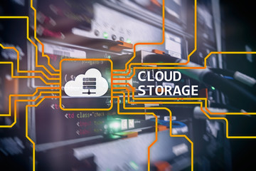 Cloud data storage concept on server room background.