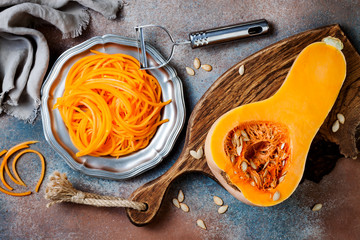 Spiralized butternut squash spaghetti. Low carb vegetable pasta cooking