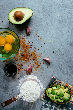 Ingredients including garlic, avocado and eggs