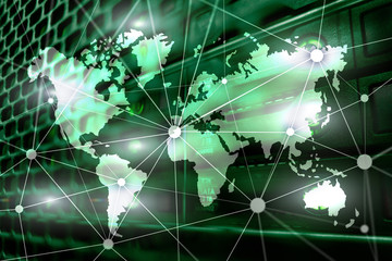 World map with communication network on server room background.