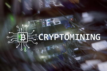 Cryptocurrency mining concept on server room background.