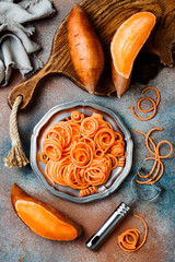 Spiralized sweet potato spaghetti. Low carb vegetable pasta cooking