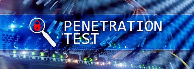 Penetration test. Cybersecurity and data protection. Hacker attack prevention. Futuristic  server room on background.