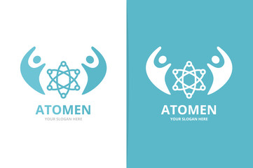 Vector atom and people logo combination. Molecule and family symbol or icon. Unique science and team logotype design template.